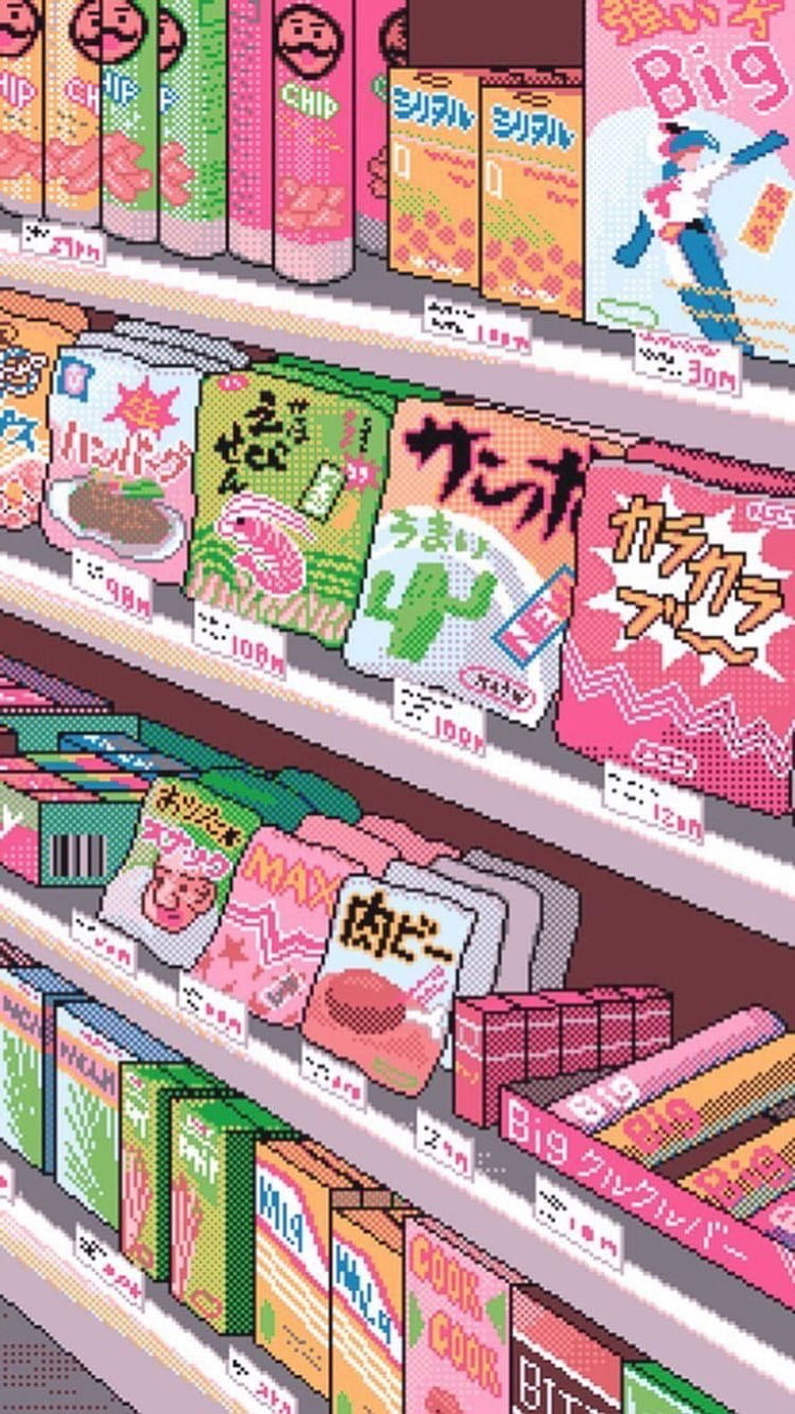 Retro Pixel Art Japanese Convenience Store Shelves With Colorful Snack Packaging HD phone wallpaper