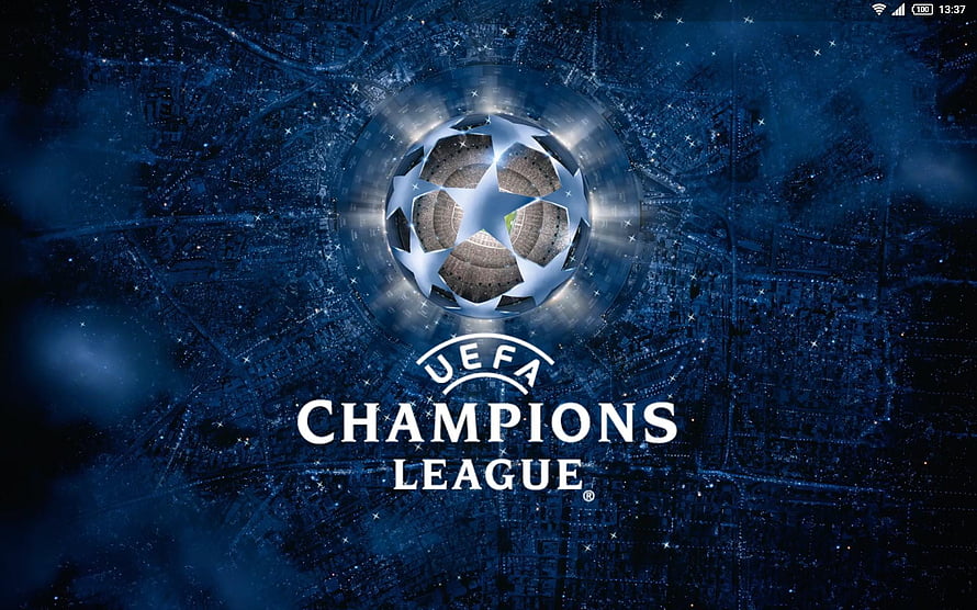 UEFA Champions League Starball Logo on Dark Blue Cityscape Background HD wallpaper