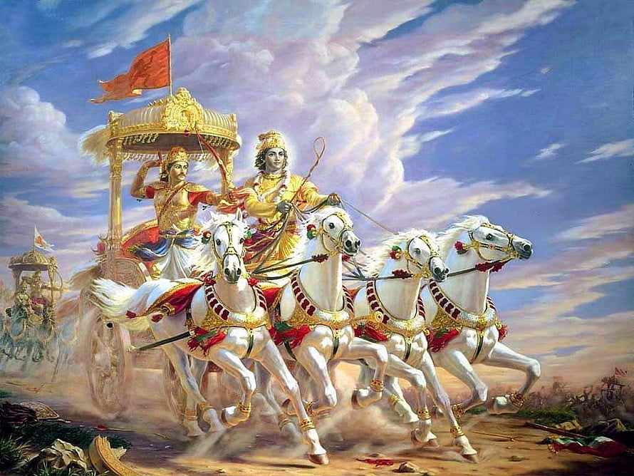 Krishna and Arjuna on the Divine Chariot in the Mahabharata Epic HD wallpaper