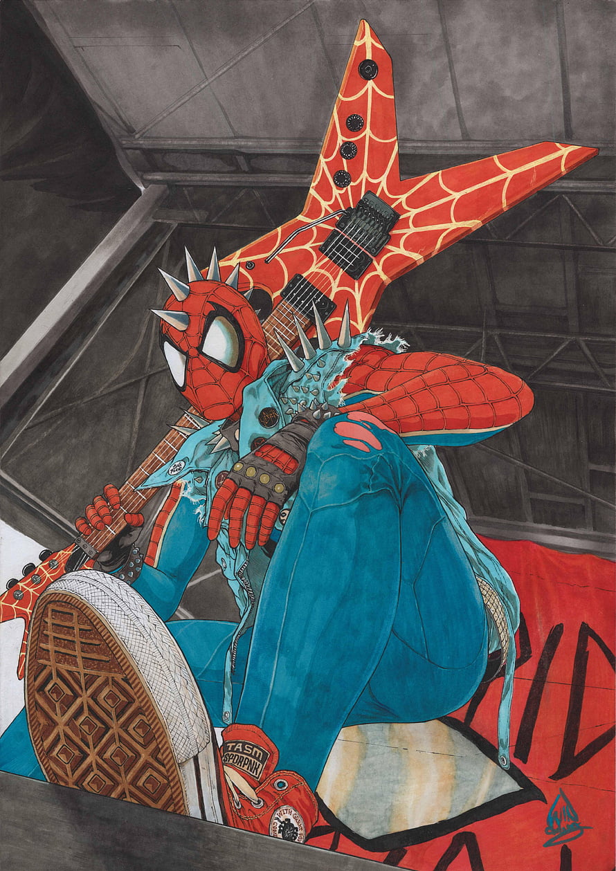 Spider-Man in punk rock style with spiked jacket and star-shaped electric guitar, My, spider punk HD phone wallpaper