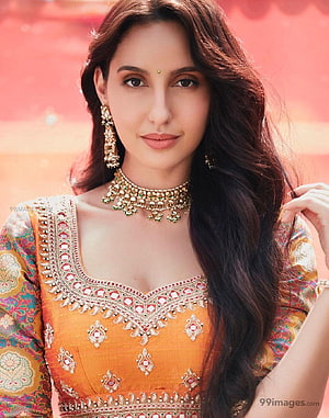 Nora Fatehi in Traditional Orange Ethnic Wear with Gold Jewelry HD phone wallpaper