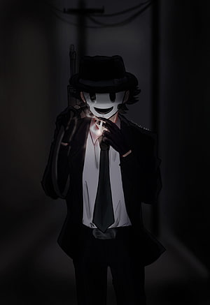 High Rise Invasion Yuka Makoto in a dark suit and fedora holding a rifle in a dim corridor HD phone wallpaper