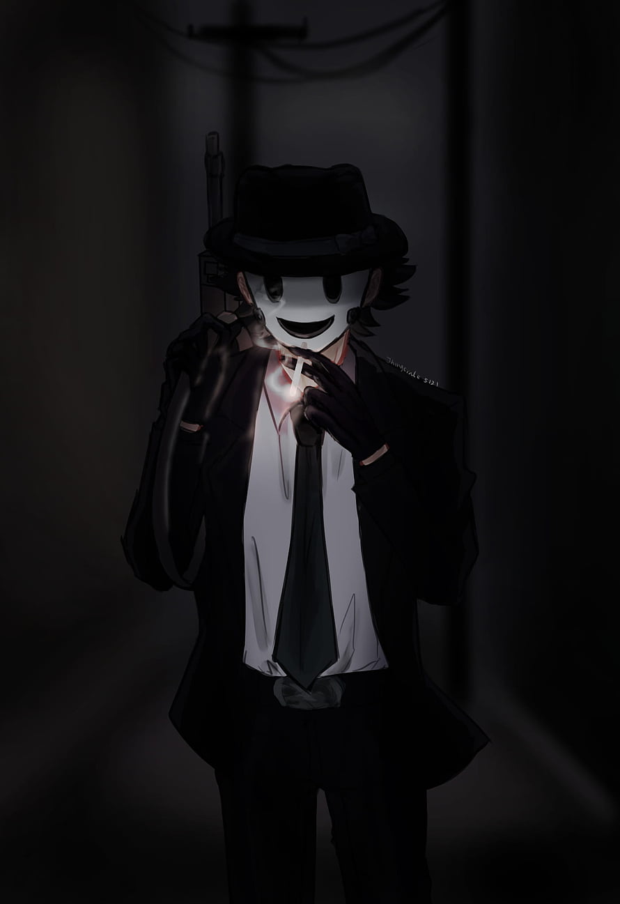 High Rise Invasion Yuka Makoto in a dark suit and fedora holding a rifle in a dim corridor HD phone wallpaper