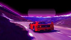 Red Ferrari F40 on a Mountain Road in a Retro Synthwave Landscape HD wallpaper