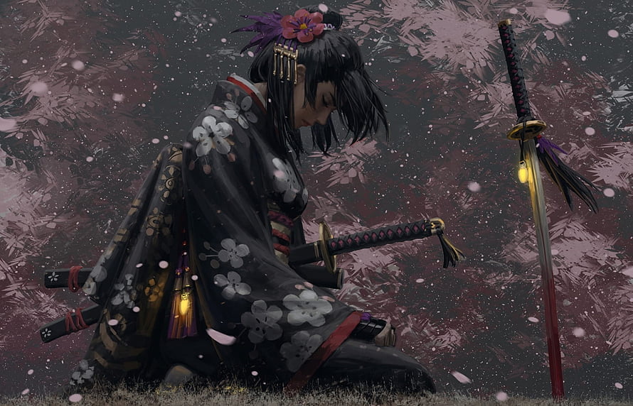 Samurai Woman in Black Kimono Kneeling with Katana and Sakura Blossoms HD wallpaper