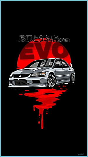 Mitsubishi Lancer Evolution JDM Artwork with Red EVO Graphic and Japanese Text HD phone wallpaper