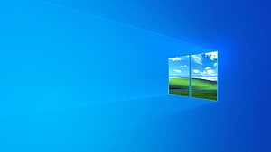 Windows 10 Default Blue Wall with Green Meadow Window View HD wallpaper