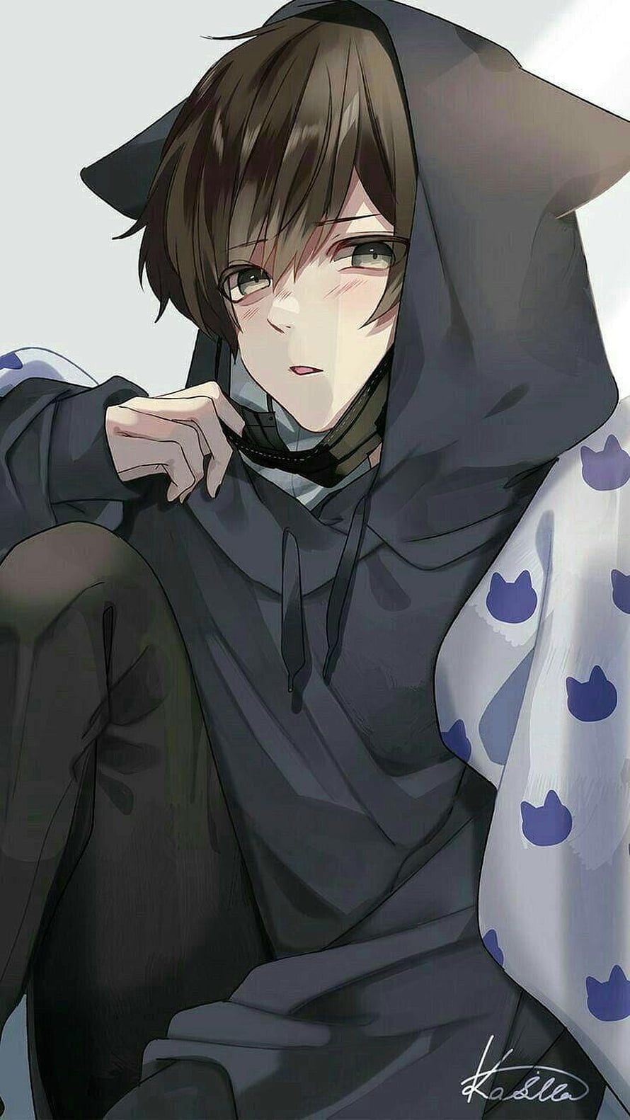 Anime Cat Boy in Dark Hoodie with Cat Ear Hood and Blue Patterned Blanket HD phone wallpaper