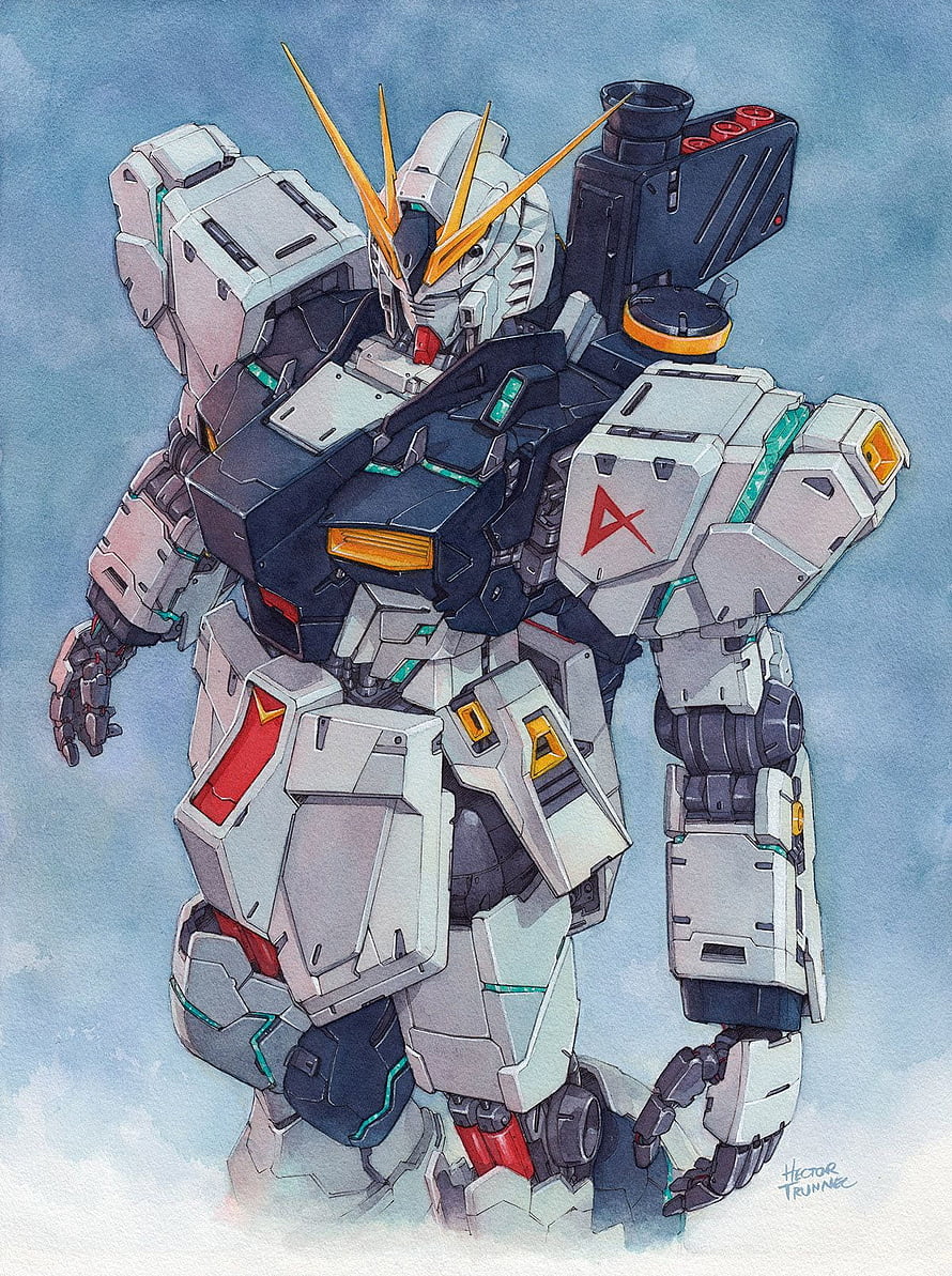 Nu Gundam mecha illustration with white armor and yellow V-fin antenna against a soft blue sky HD phone wallpaper
