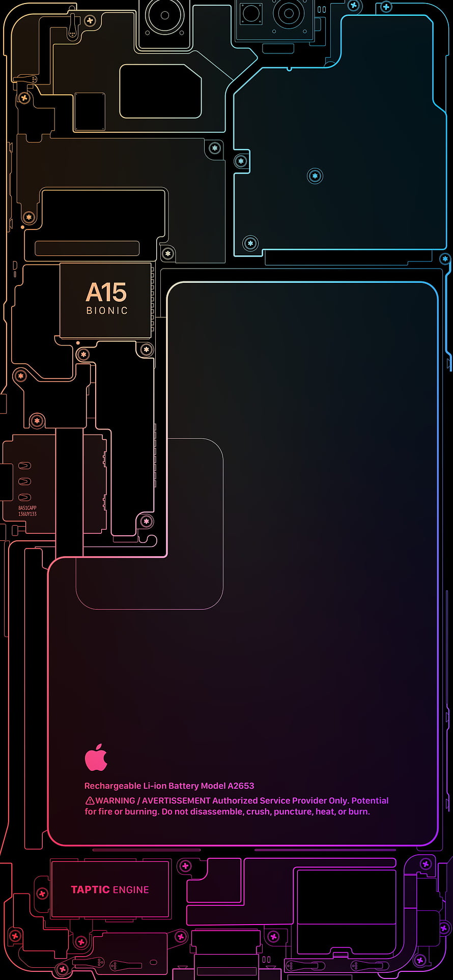 iPhone 13 Pro Internal Schematic with Neon A15 Bionic Chip and Taptic Engine Layout HD phone wallpaper