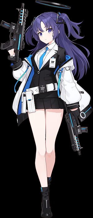 Blue Archive anime girl with purple hair, twin rifles, and a glowing halo in a tactical school uniform HD phone wallpaper