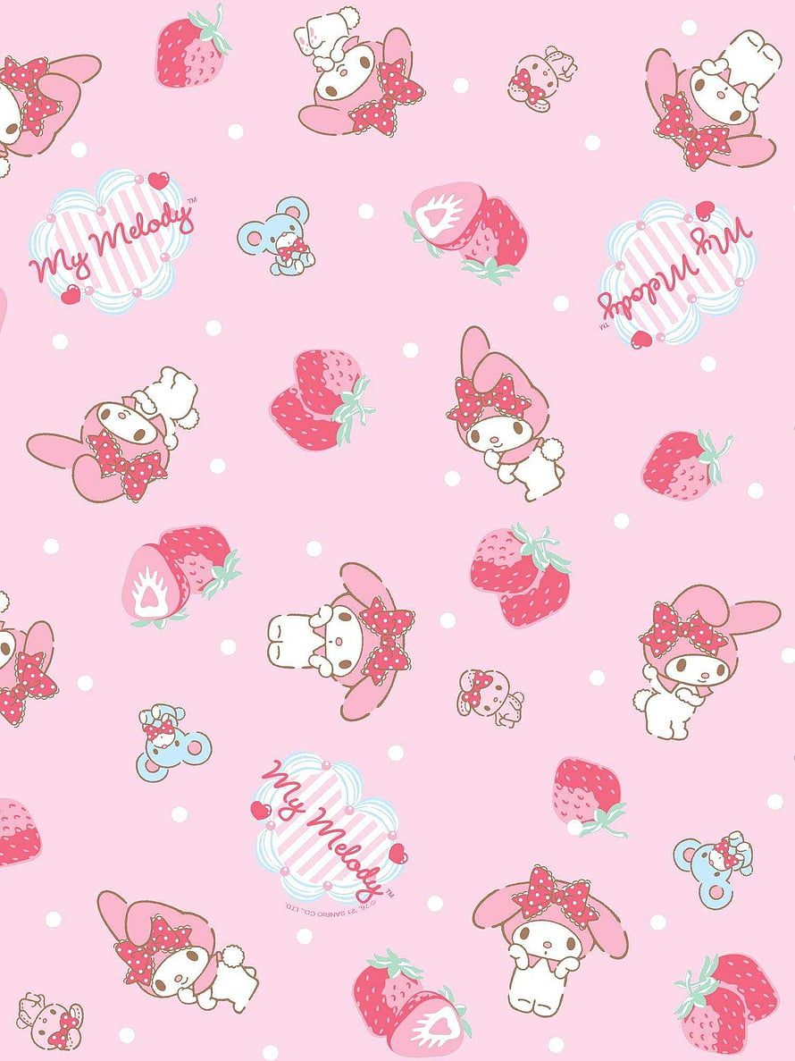 My Melody Strawberry Pattern Wallpaper with Cute Kawaii Character Design HD phone wallpaper