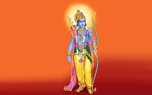 Lord Rama Standing with Bow and Arrows in Traditional Attire on Orange Background HD wallpaper