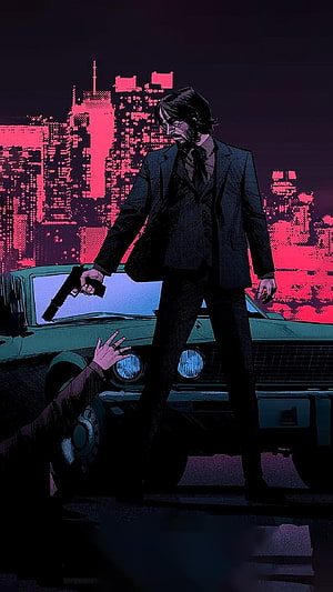 John Wick Noir Comic Art with Pistol and Vintage Car Against Neon City Skyline HD phone wallpaper