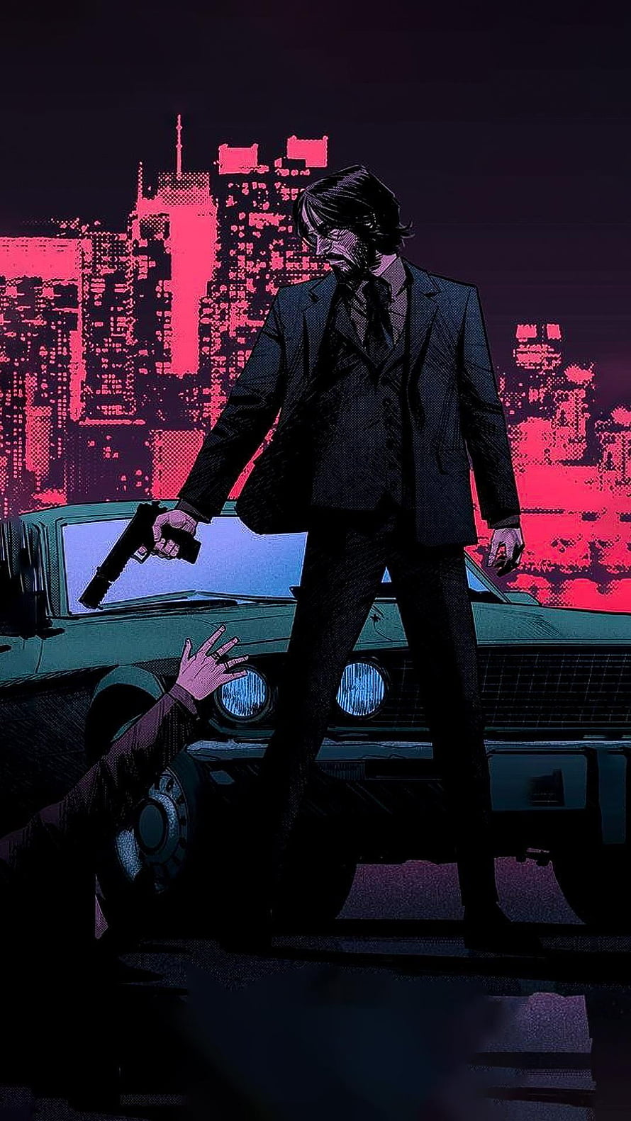 John Wick Noir Comic Art with Pistol and Vintage Car Against Neon City Skyline HD phone wallpaper