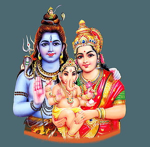Lord Shiva, Goddess Parvati, and Baby Ganesha in Traditional Indian Mythological Art HD wallpaper