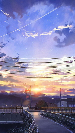 Matthew Gonzales Anime Sunset Landscape with Power Lines and Distant Mountains HD phone wallpaper