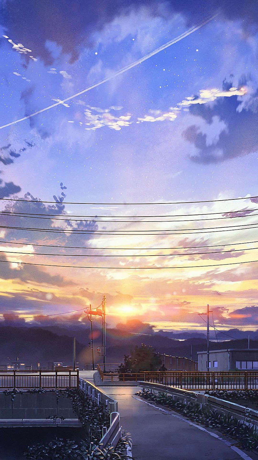 Matthew Gonzales Anime Sunset Landscape with Power Lines and Distant Mountains HD phone wallpaper