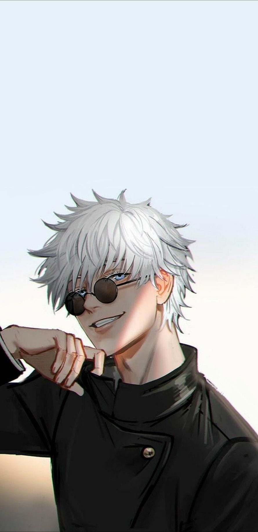 Gojo Satoru anime character with white hair and round sunglasses in a black uniform HD phone wallpaper