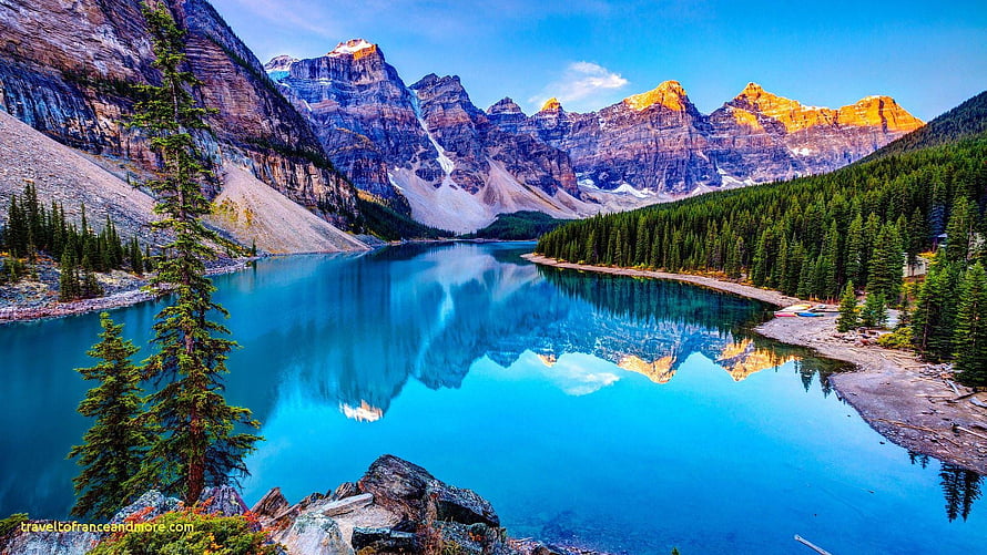 Maligne Lake Reflections of the Canadian Rockies with Turquoise Waters and Pine Forests HD wallpaper