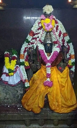 Angalamman Temple Deity Adorned With Vibrant Flower Garlands And Traditional Yellow Silk Drape HD phone wallpaper