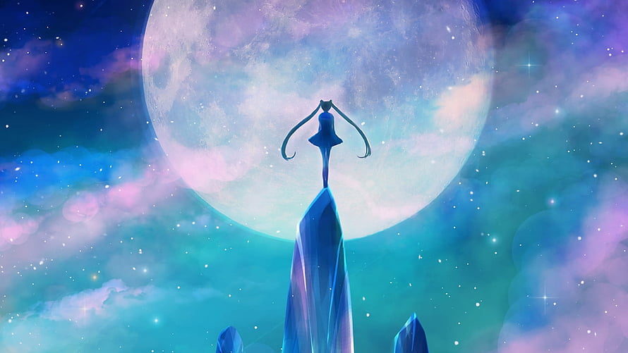Sailor Moon Silhouette Standing on Crystal Spire Before a Giant Moon in a Dreamy Starry Sky HD wallpaper