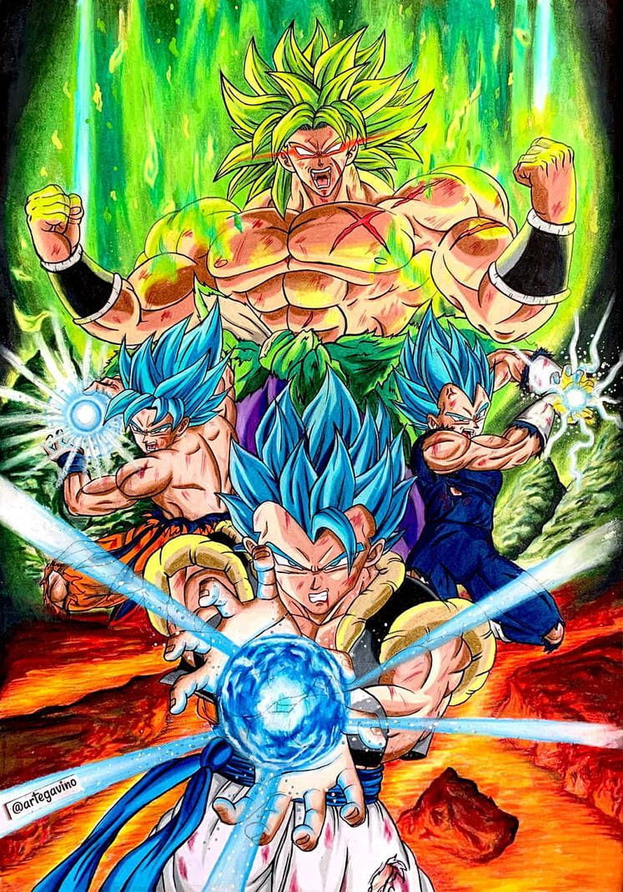 Dragon Ball Super Saiyan Blue Goku Vegeta Gogeta and Broly Battle Artwork HD phone wallpaper