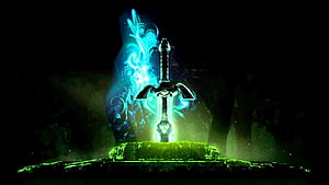 Glowing Master Sword on Stone Pedestal with Ethereal Blue Aura in Dark Fantasy Setting HD wallpaper