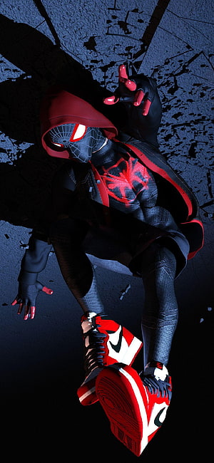 Miles Morales Spider-Man in Hooded Suit and Red Sneakers Crouching on Dark Surface, 1125x2436 Spiderman Miles Morales XS, 10, miles morales android HD phone wallpaper