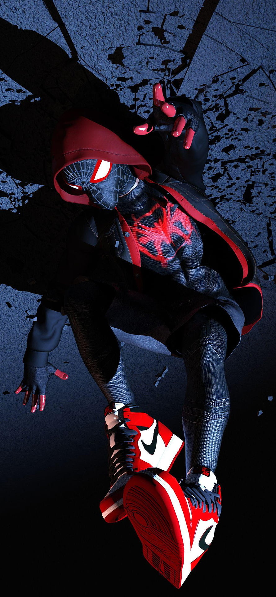 Miles Morales Spider-Man in Hooded Suit and Red Sneakers Crouching on Dark Surface HD phone wallpaper