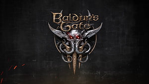 Baldur's Gate 3 Official Logo Featuring Ornate Metallic Demon Mask and Glowing Red Eyes on Dark Stone Background HD wallpaper