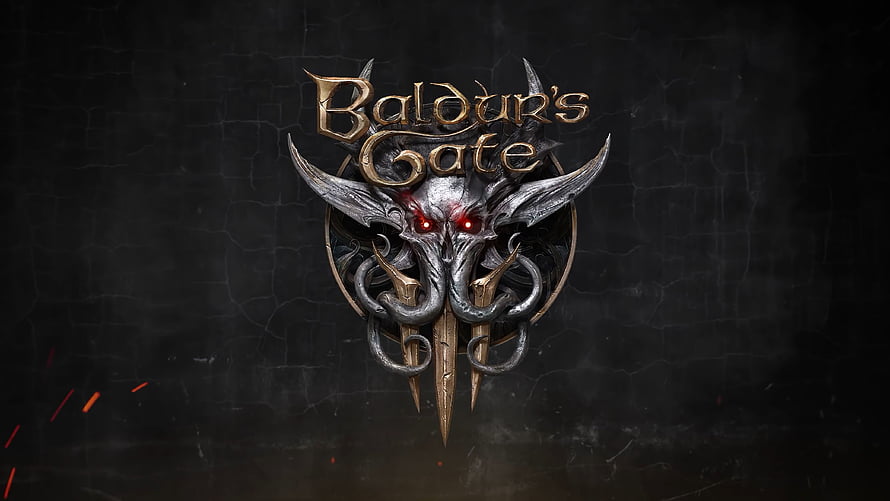 Baldur's Gate 3 Official Logo Featuring Ornate Metallic Demon Mask and Glowing Red Eyes on Dark Stone Background HD wallpaper