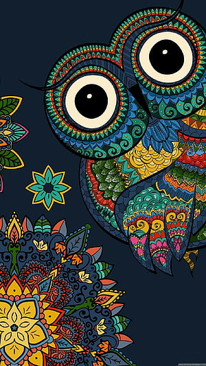Psychedelic Mandala Owl with Intricate Floral Patterns on Dark Background HD phone wallpaper