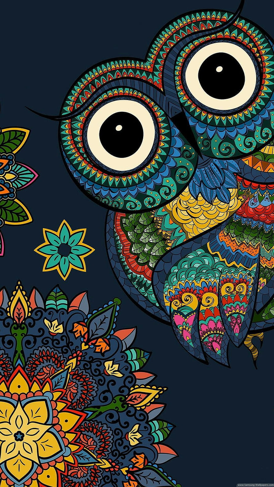Psychedelic Mandala Owl with Intricate Floral Patterns on Dark Background HD phone wallpaper