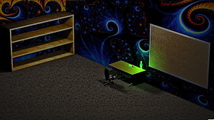 Empty Office Room with Bookshelf, Desk, and Swirling Fractal Wallpaper HD wallpaper