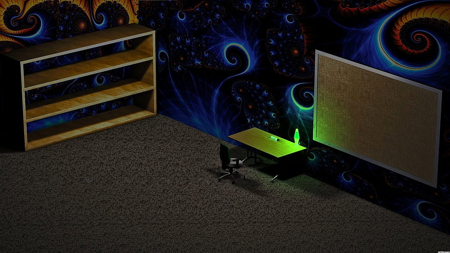Empty Office Room with Bookshelf, Desk, and Swirling Fractal Wallpaper HD wallpaper
