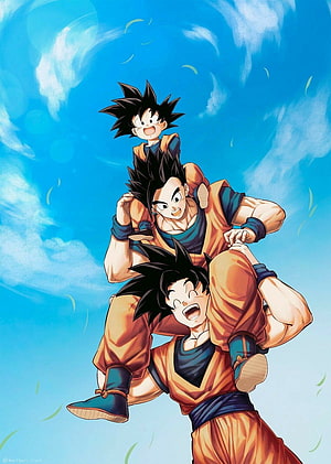 Goku Gohan and Goten Stacked in Orange Gi Against Blue Sky HD phone wallpaper