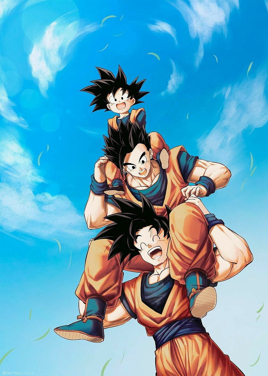 Goku Gohan and Goten Stacked in Orange Gi Against Blue Sky HD phone wallpaper