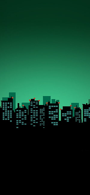 Minimalist Green Gradient City Skyline with Pixelated Windows and Red Accents HD phone wallpaper