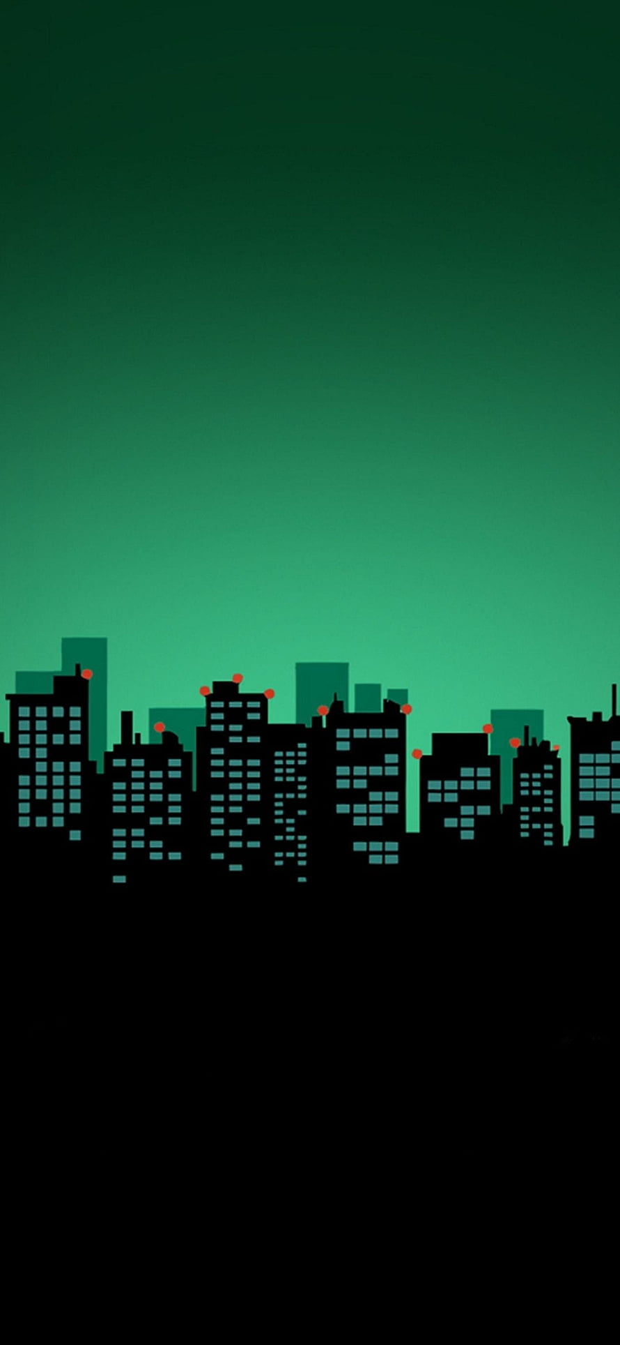 Minimalist Green Gradient City Skyline with Pixelated Windows and Red Accents HD phone wallpaper