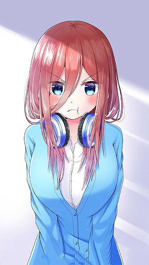 Miku Nakano from The Quintessential Quintuplets in Blue Cardigan with Headphones HD phone wallpaper