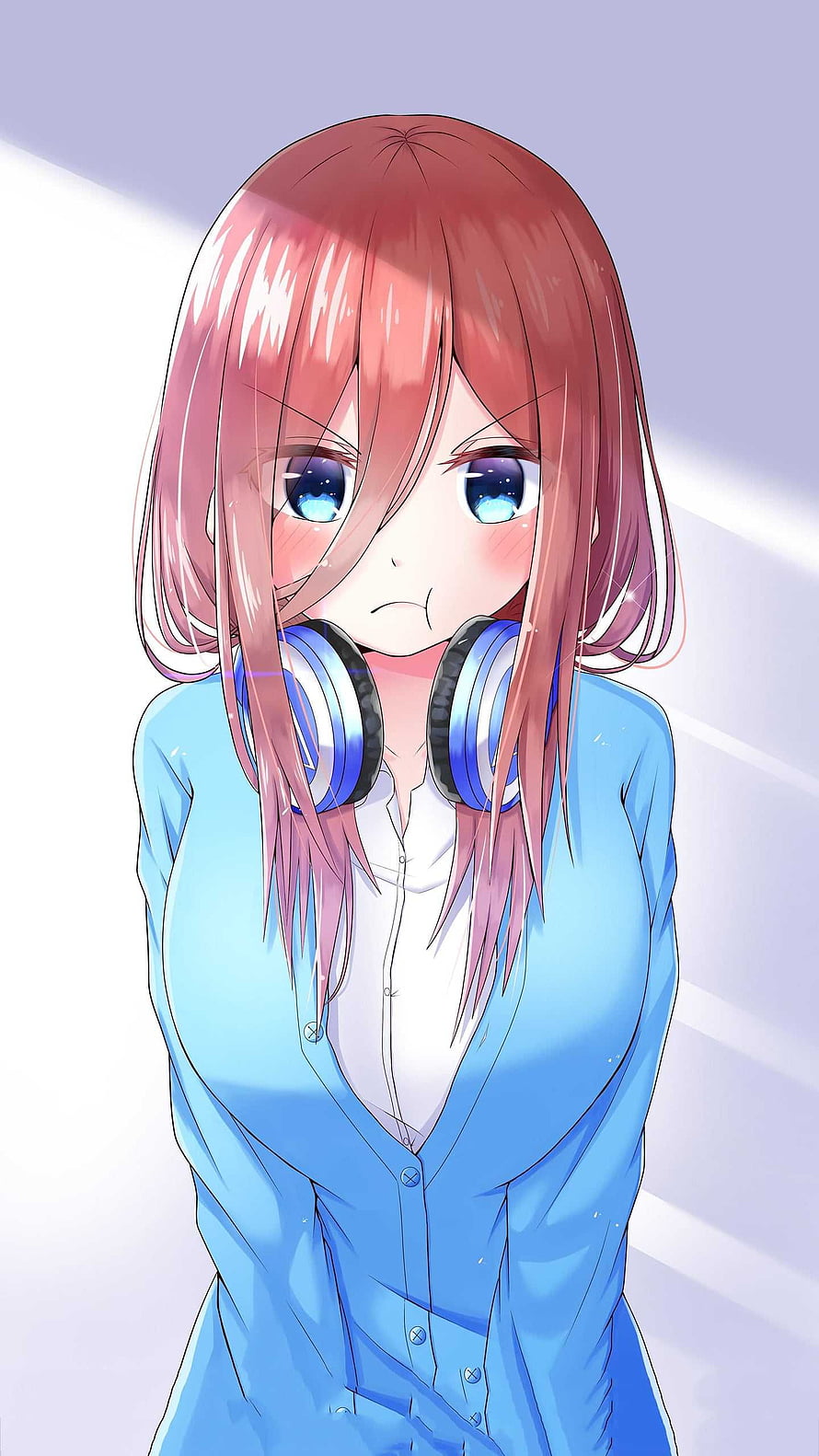 Miku Nakano from The Quintessential Quintuplets in Blue Cardigan with Headphones HD phone wallpaper