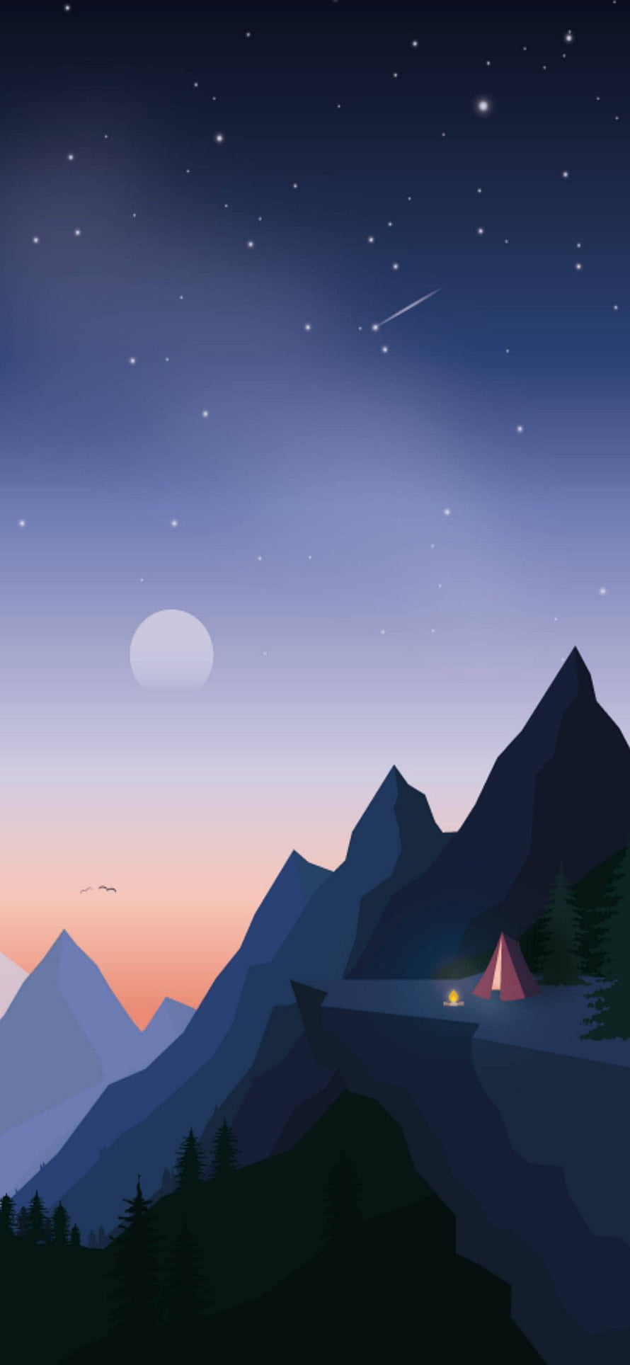 Minimalist Mountain Campsite Under Starry Night Sky with Moon and Shooting Star HD phone wallpaper