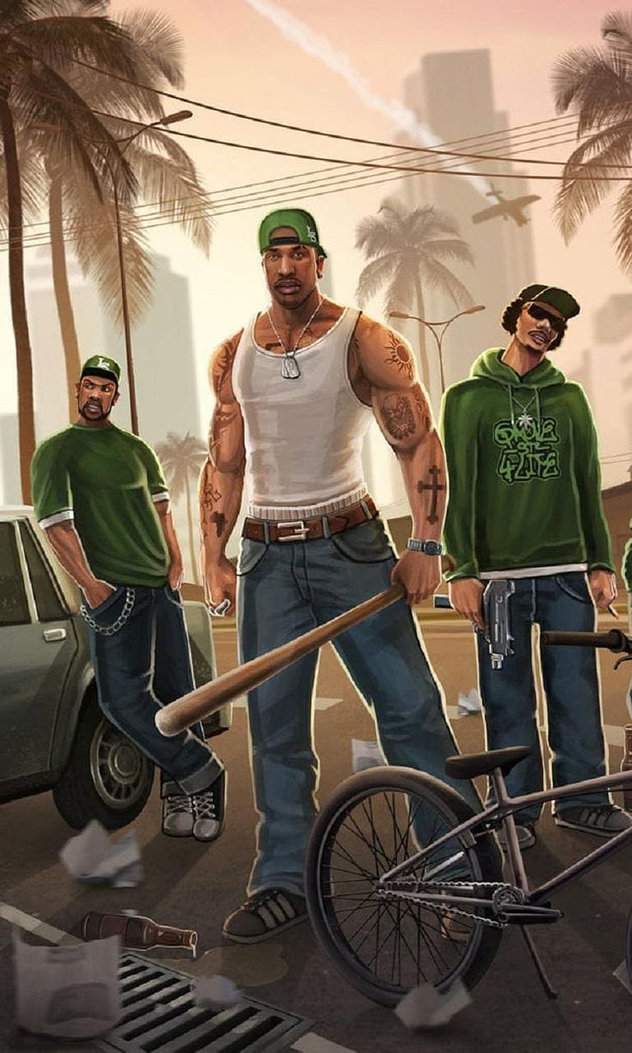 GTA San Andreas Gang Members Street Scene with Baseball Bat and Bicycle HD phone wallpaper