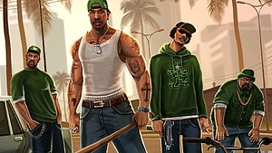 Grand Theft Auto San Andreas Gang Members Illustration with Palm Trees and Urban Setting HD wallpaper