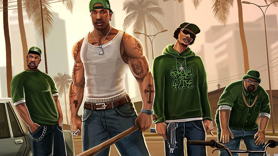 Grand Theft Auto San Andreas Gang Members Illustration with Palm Trees and Urban Setting HD wallpaper