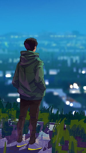 Lone Boy in Hoodie Gazing at City Lights at Night in Lofi Anime Style HD phone wallpaper