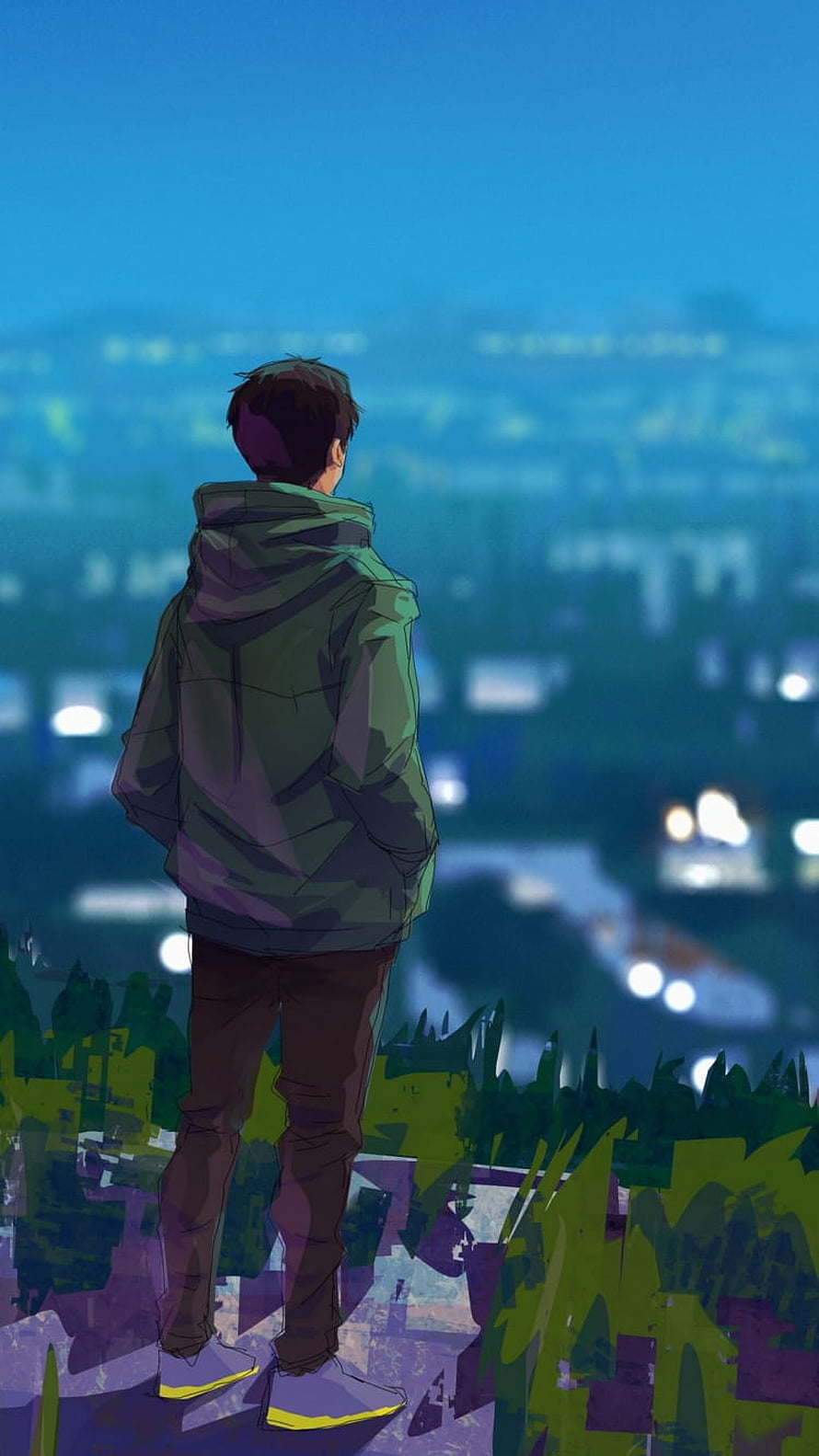 Lone Boy in Hoodie Gazing at City Lights at Night in Lofi Anime Style HD phone wallpaper