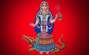 Khodiyar Maa Traditional Indian Deity Illustration with Trident and Crocodile on Red Background HD wallpaper