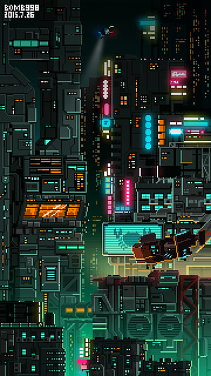 Neon Cyberpunk City Pixel Art with Hovering Character and Glowing Signs HD phone wallpaper